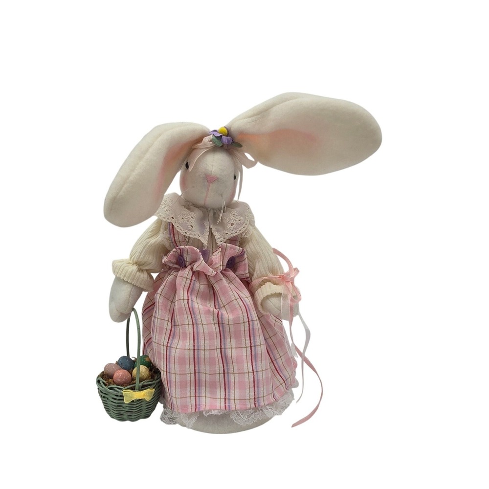 Vintage 2004 Avon Easter Bunny Plush Figurine Pink Plaid Dress Basket Decor